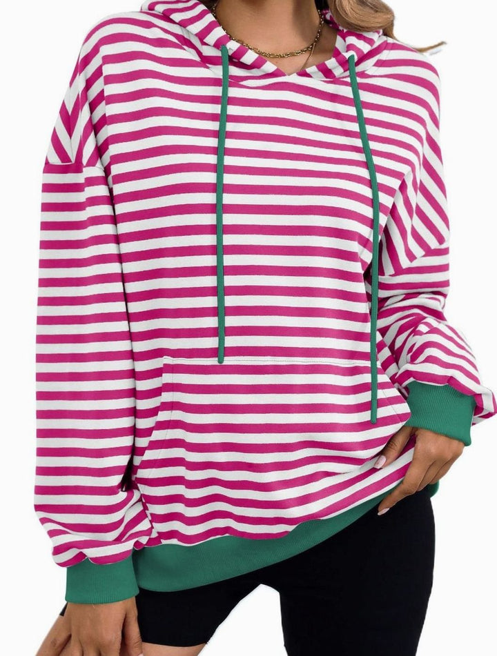 Women's Striped Drawstring Hoodie Kangaroo Pocket Sweatshirt - Magenta