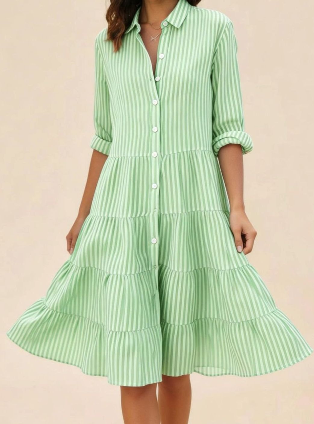 Women's Striped Loose-Fit Shirt-Collar Tiered Midi Dress