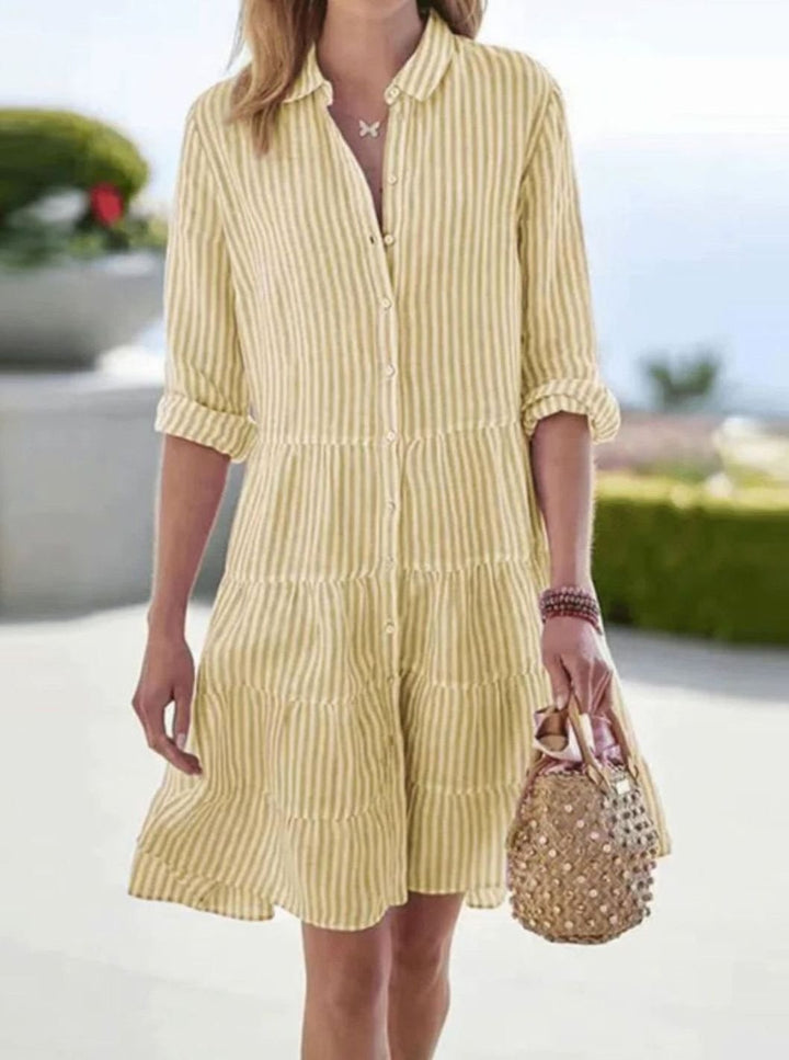 Women's Striped Loose-Fit Shirt-Collar Tiered Midi Dress