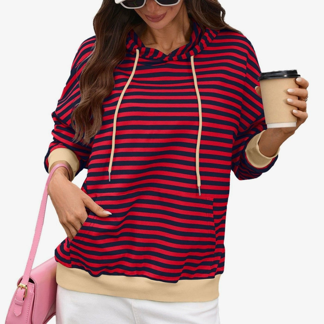 Women's Striped Relaxed-Fit Drawstring Hoodie Sweatshirt - Red