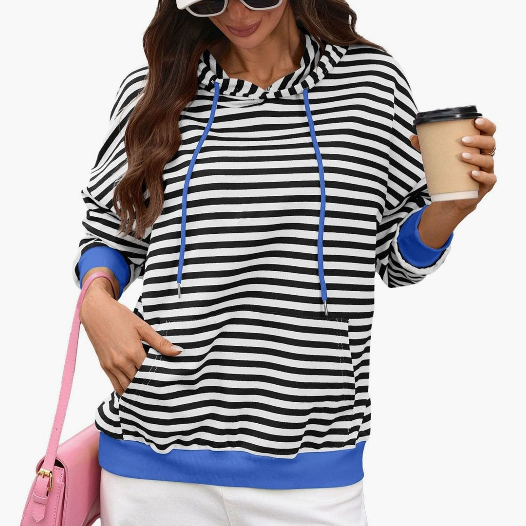 Women's Striped Relaxed-Fit Drawstring Hoodie Sweatshirt - Black