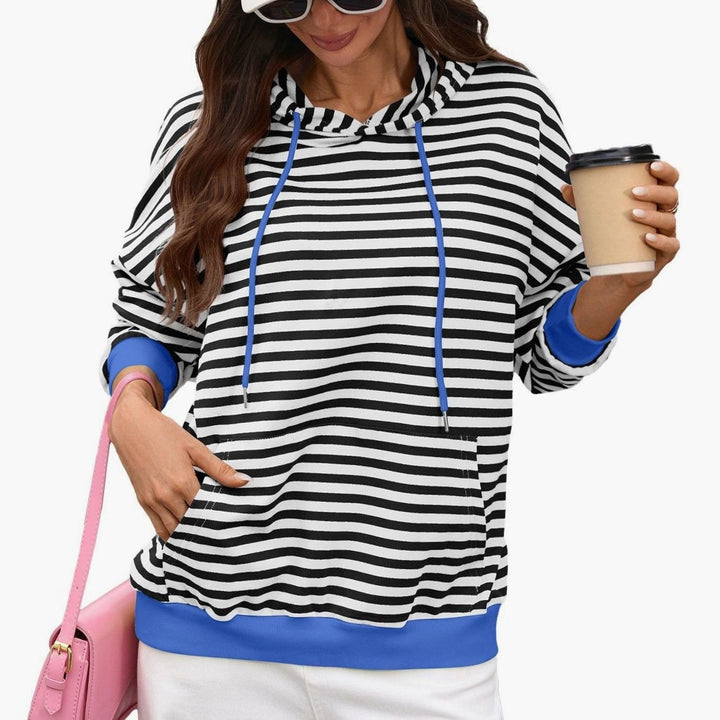 Women's Striped Relaxed-Fit Drawstring Hoodie Sweatshirt - Black
