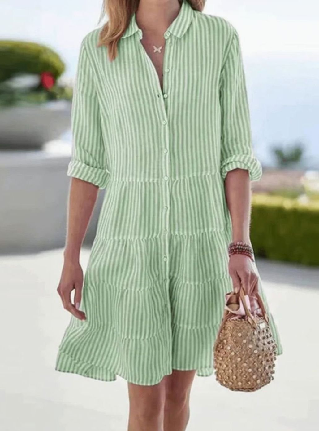 Women's Striped Tiered Shirt-Collar Loose Midi Dress