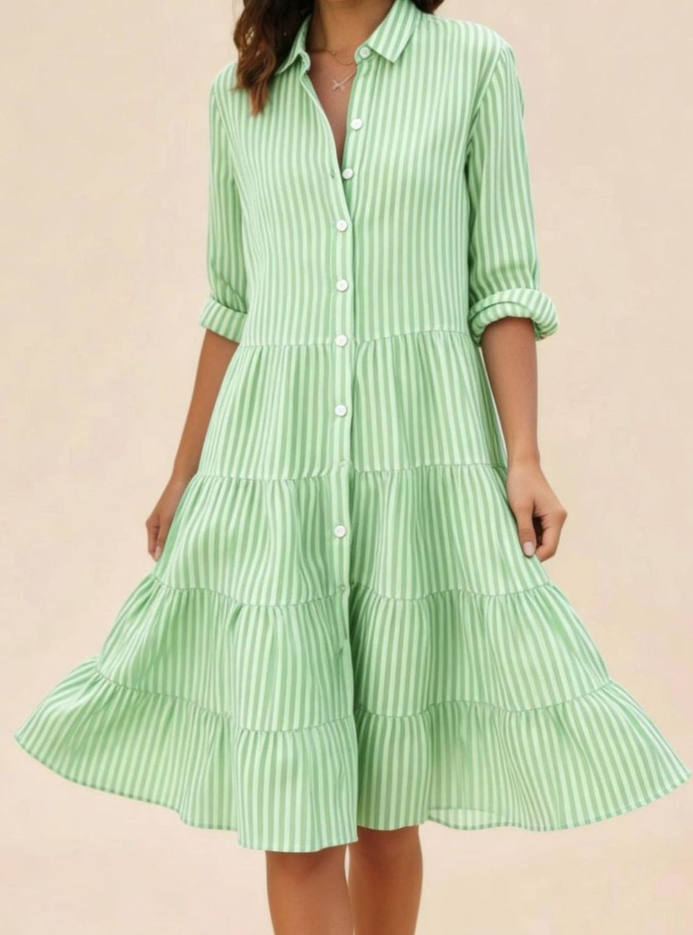 Women's Striped Tiered Shirt-Collar Loose Midi Dress