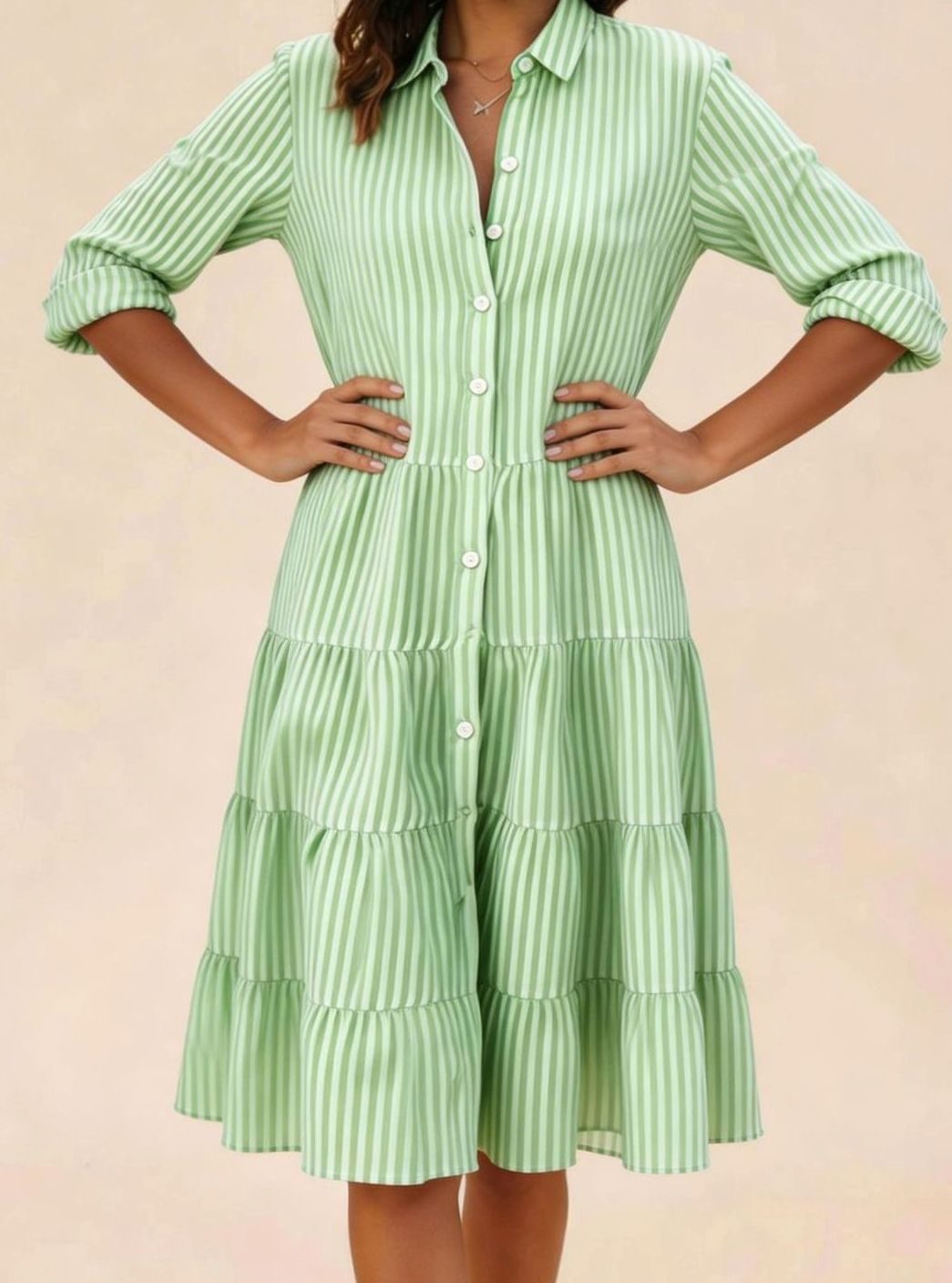 Women's Striped Tiered Shirt-Collar Loose Midi Dress