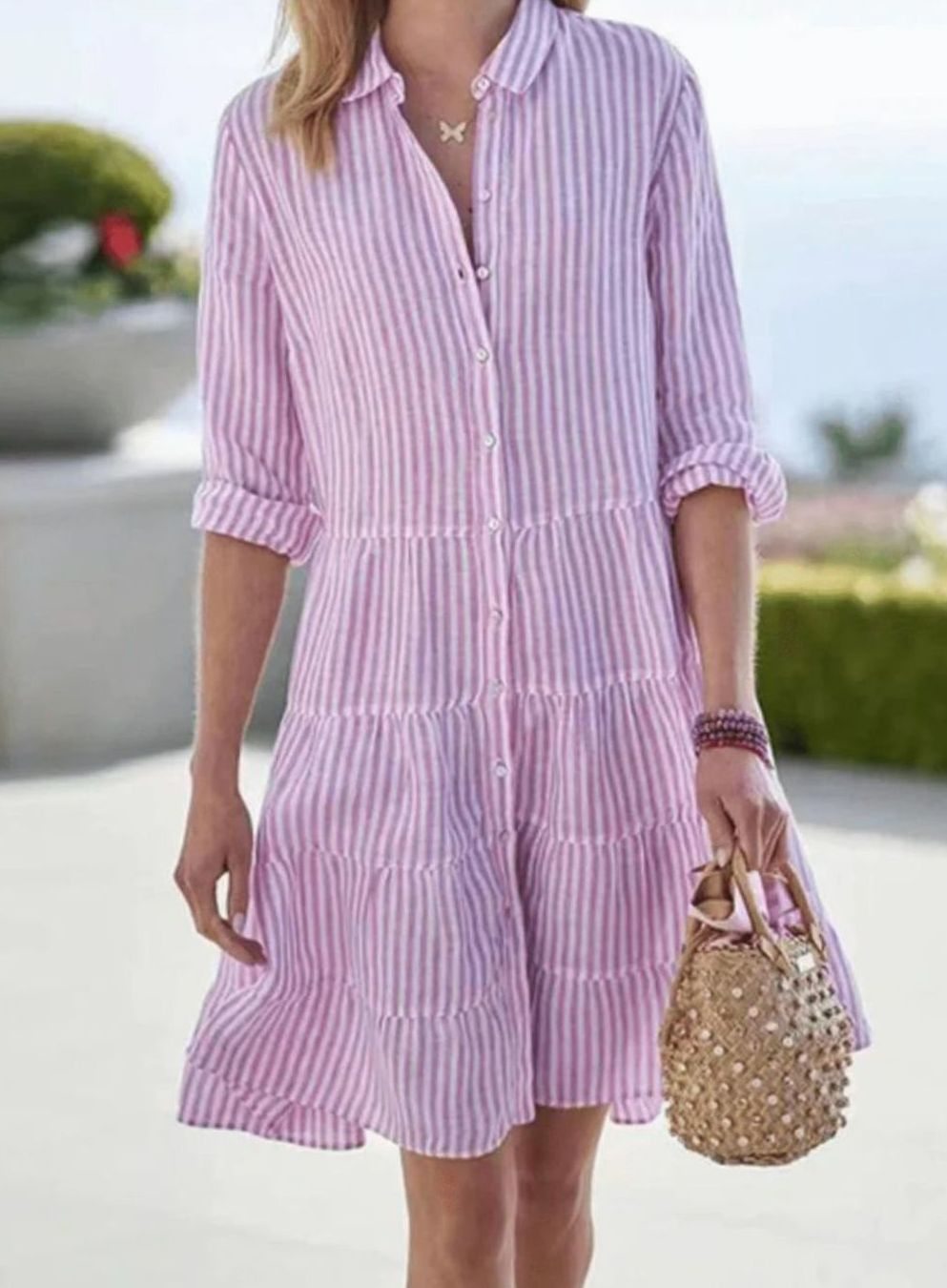Women's Striped Tiered Shirt-Collar Loose Midi Dress