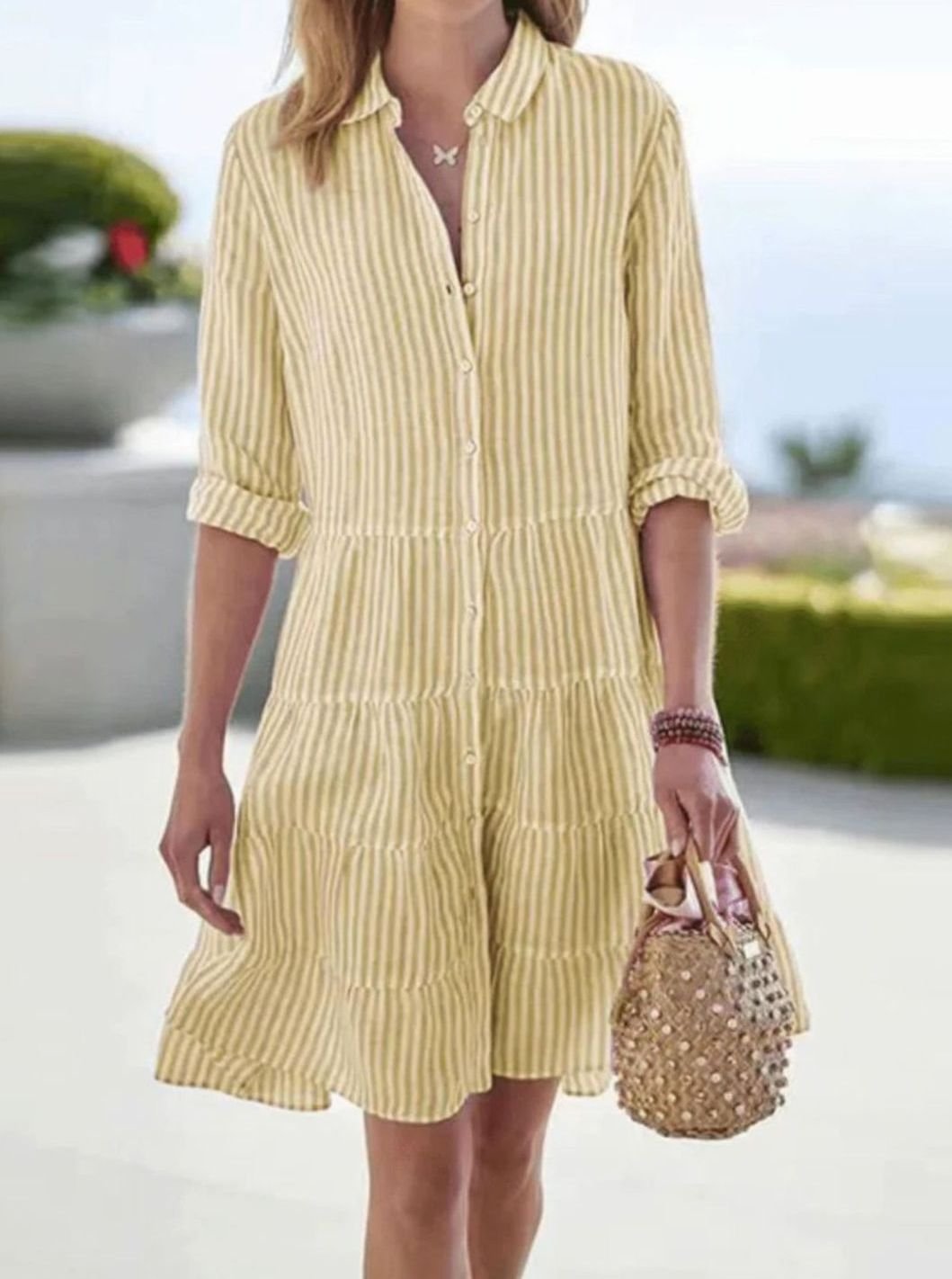Women's Striped Tiered Shirt-Collar Loose Midi Dress