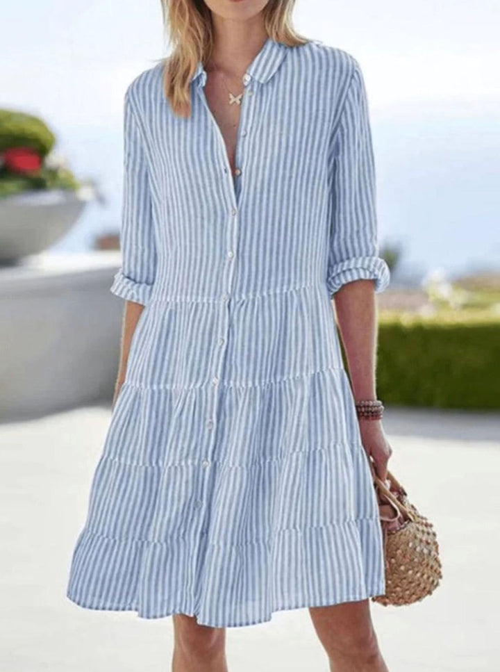 Women's Striped Tiered Shirt-Collar Loose Midi Dress