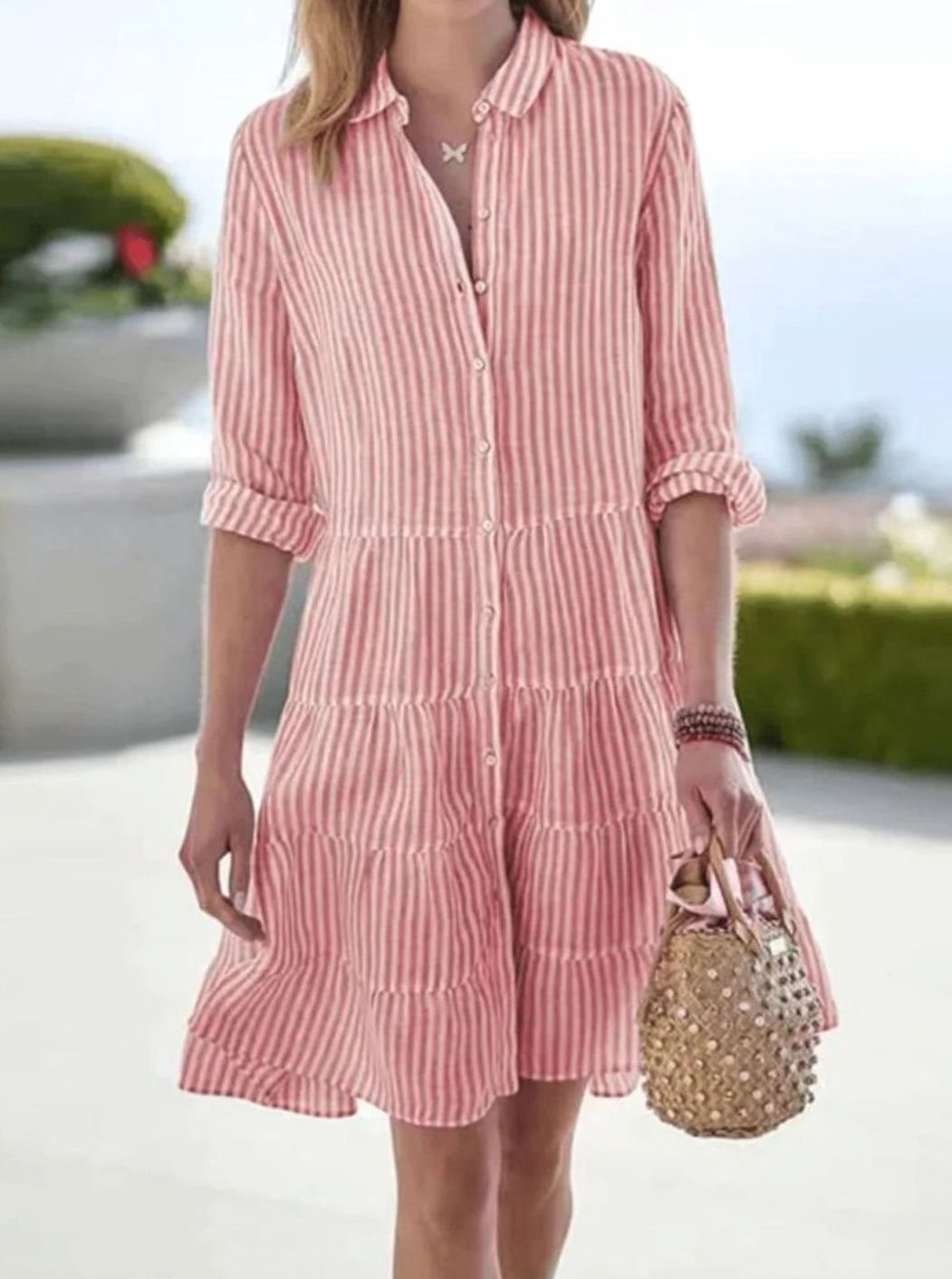 Women's Striped Tiered Shirt-Collar Loose Midi Dress