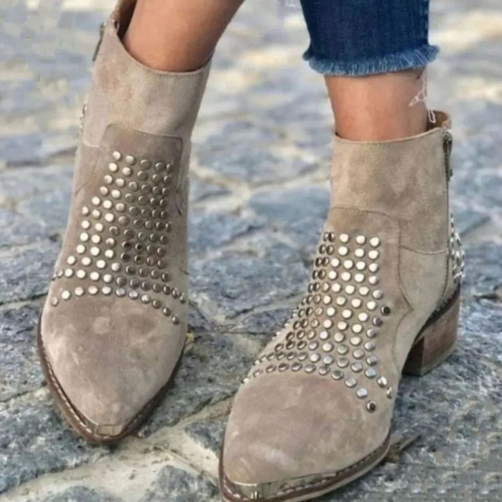 Women's Studded Suede Block-Heel Ankle Boots Pointed Toe Side-Zip