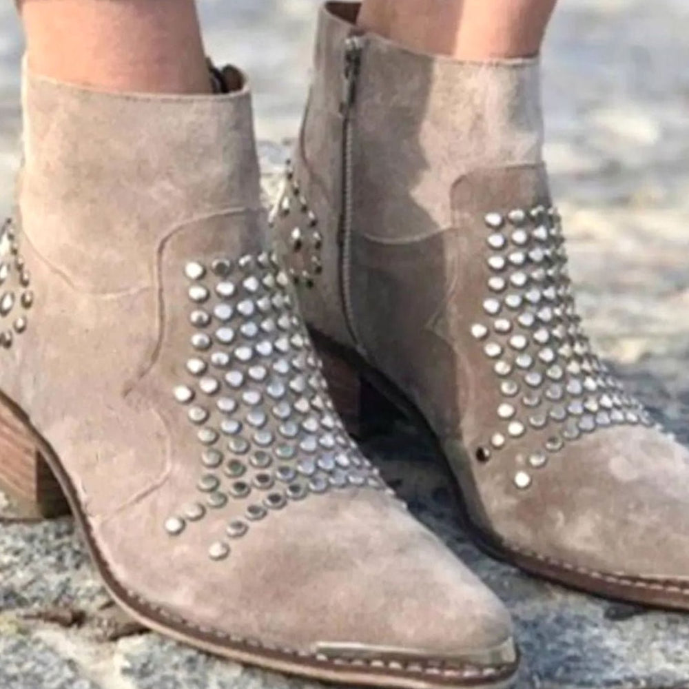 Women's Studded Suede Block-Heel Ankle Boots Pointed Toe Side-Zip