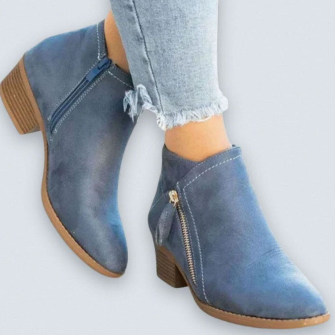 Women's Suede Block-Heel Side-Zip Ankle Boots, Blue