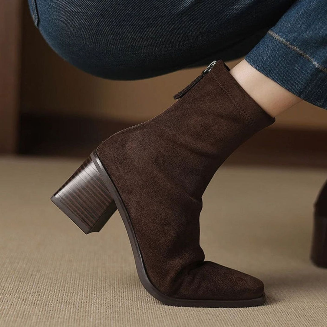 Women's Suede Block-Heel Side-Zip Ankle Boots, Dark Brown - Brown