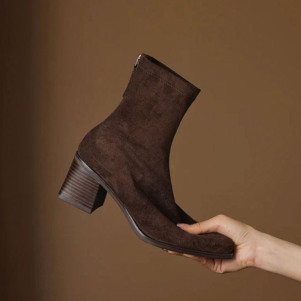 Women's Suede Block-Heel Side-Zip Ankle Boots, Dark Brown