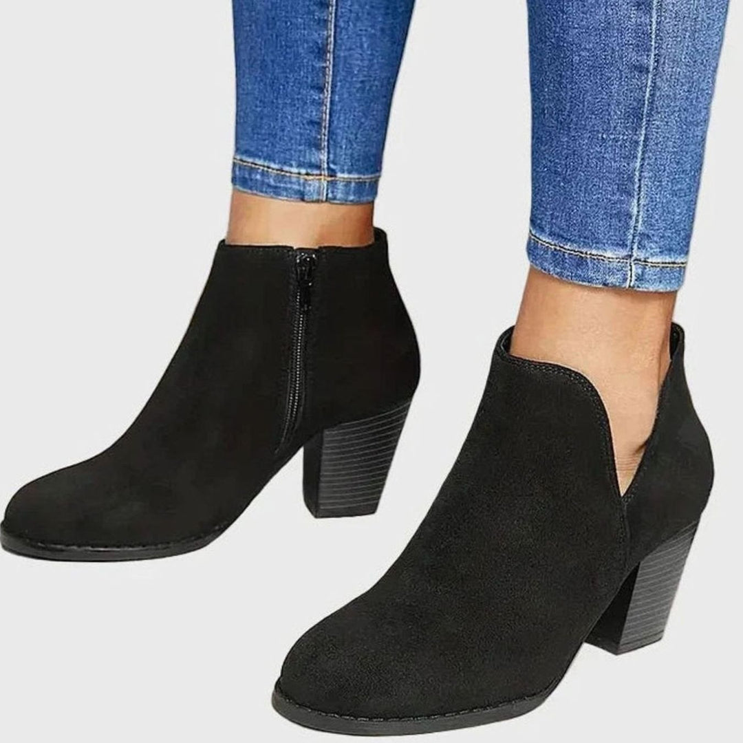 Women's Suede Block-Heel Side-Zip Ankle Boots, Taupe - Black