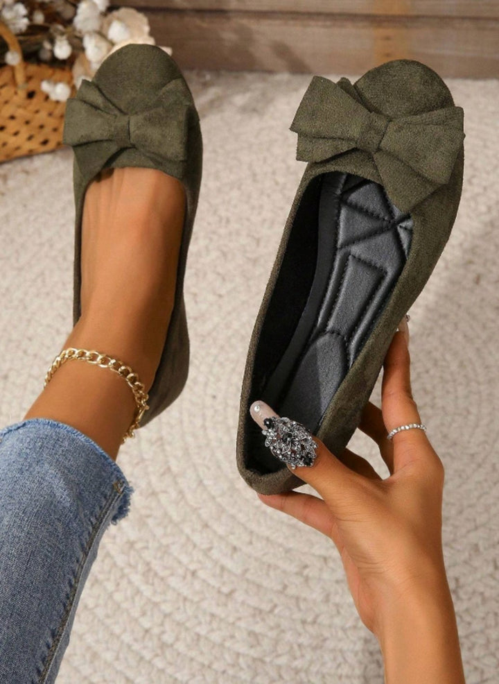Women's Suede Bow-Detail Slip-On Ballet Flats - Dark Green