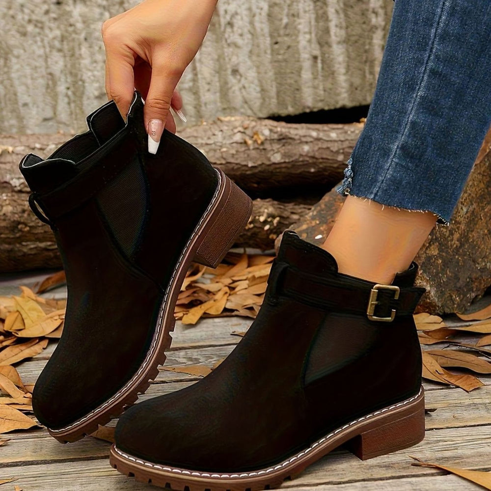 Women's Suede-Effect Buckle Strap Slip-On Chelsea Ankle Boots