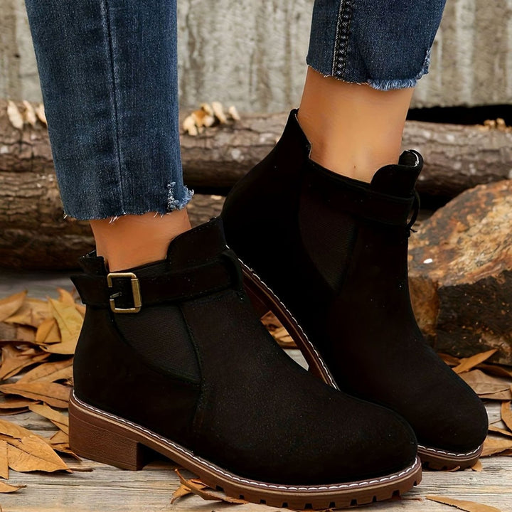 Women's Suede-Effect Buckle Strap Slip-On Chelsea Ankle Boots - Black