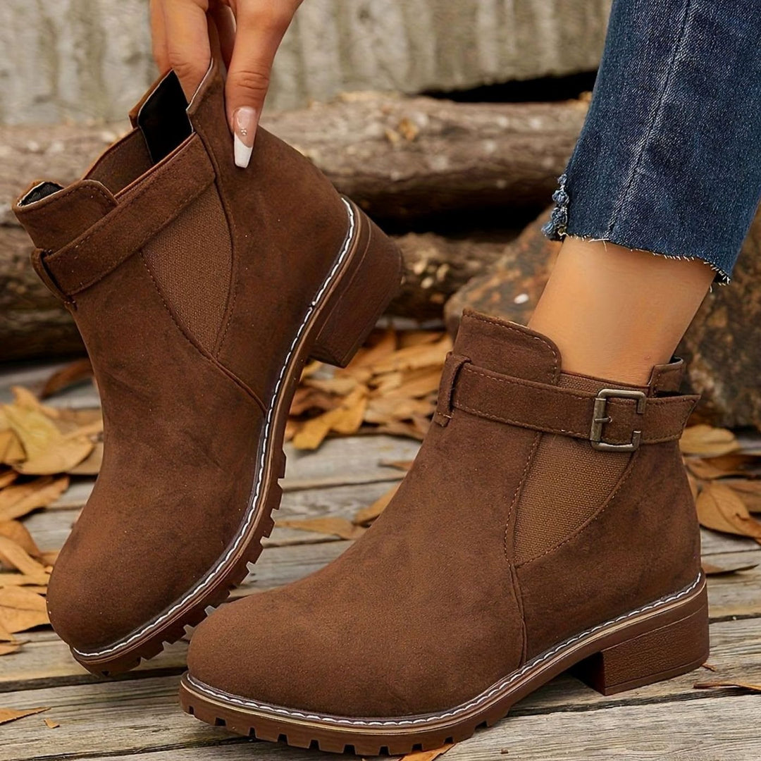 Women's Suede-Effect Chelsea Ankle Boots Block Heel Buckle Strap