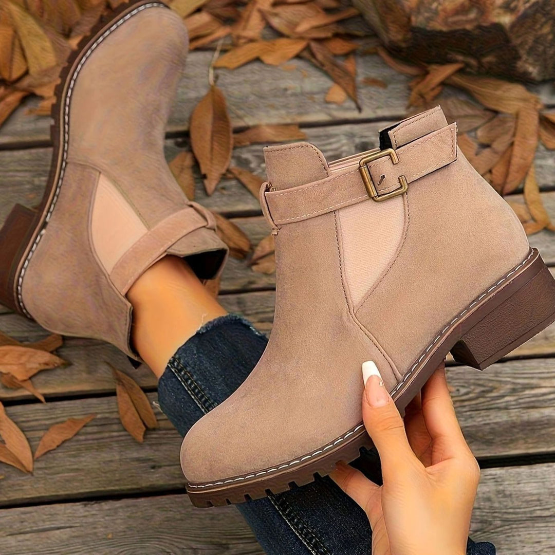 Women's Suede-Effect Chelsea Ankle Boots Block Heel Buckle Strap - Blush Pink