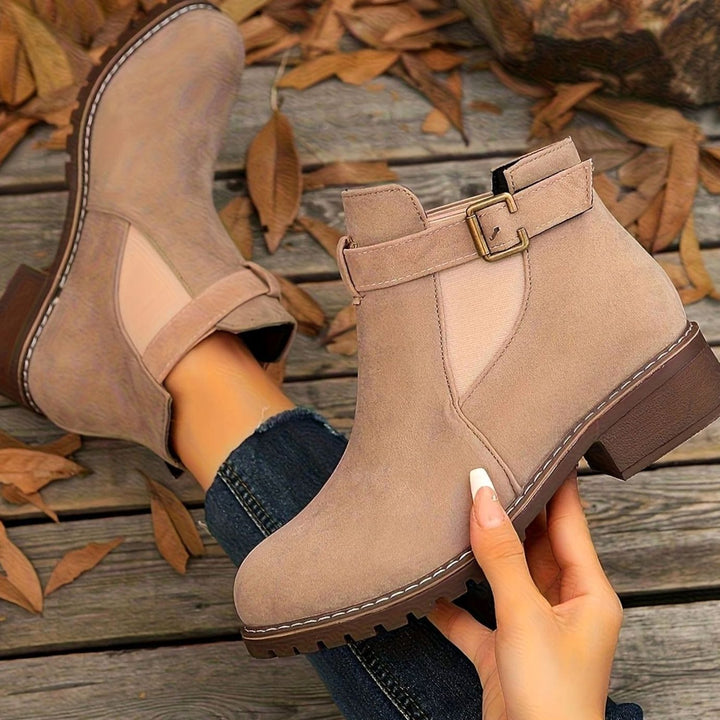 Women's Suede-Effect Chelsea Ankle Boots Block Heel Buckle Strap - Blush Pink
