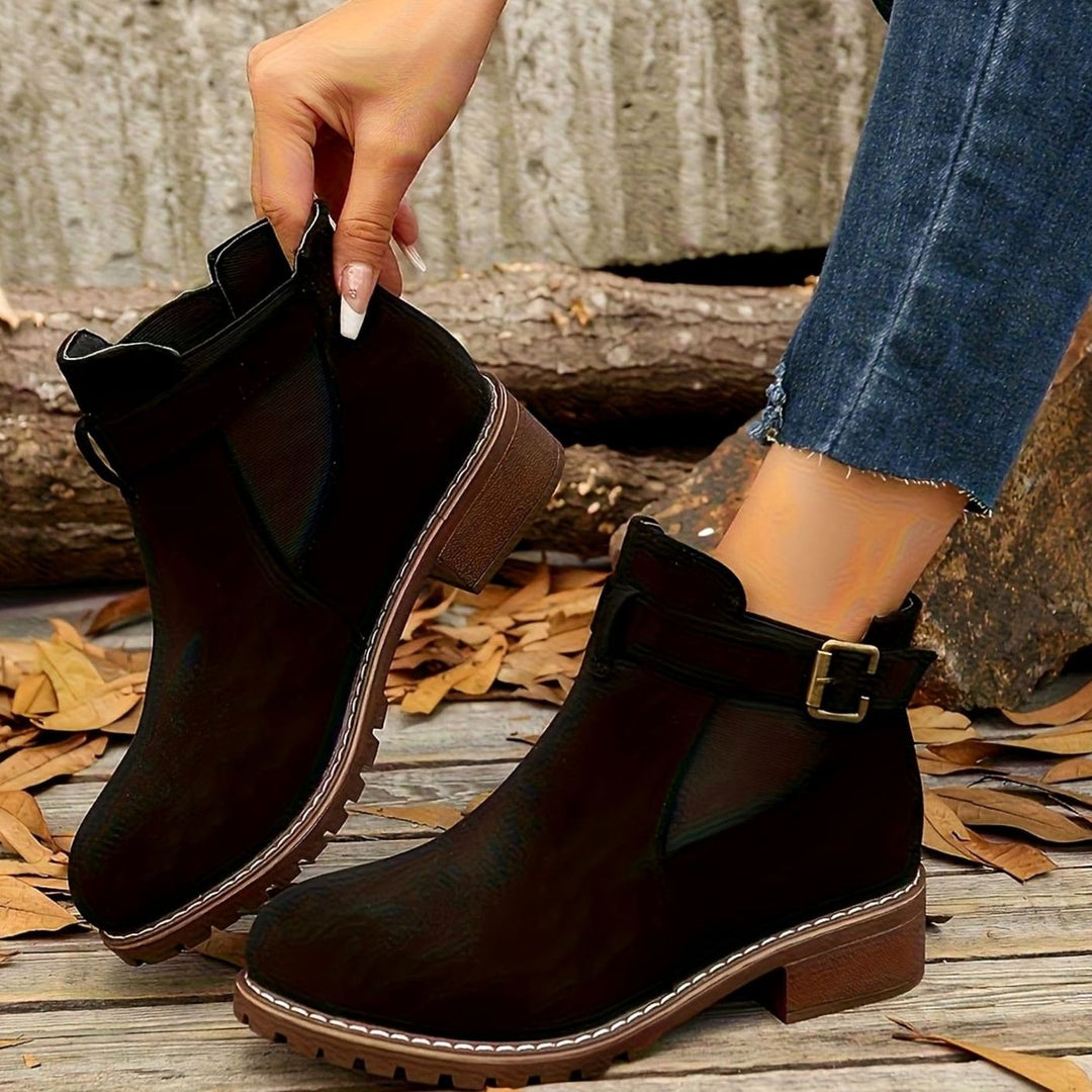 Women's Suede-Effect Chelsea Ankle Boots Block Heel Buckle Strap