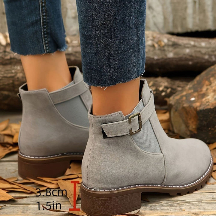 Women's Suede-Effect Chelsea Ankle Boots Block Heel Buckle Strap - Silvery Grey