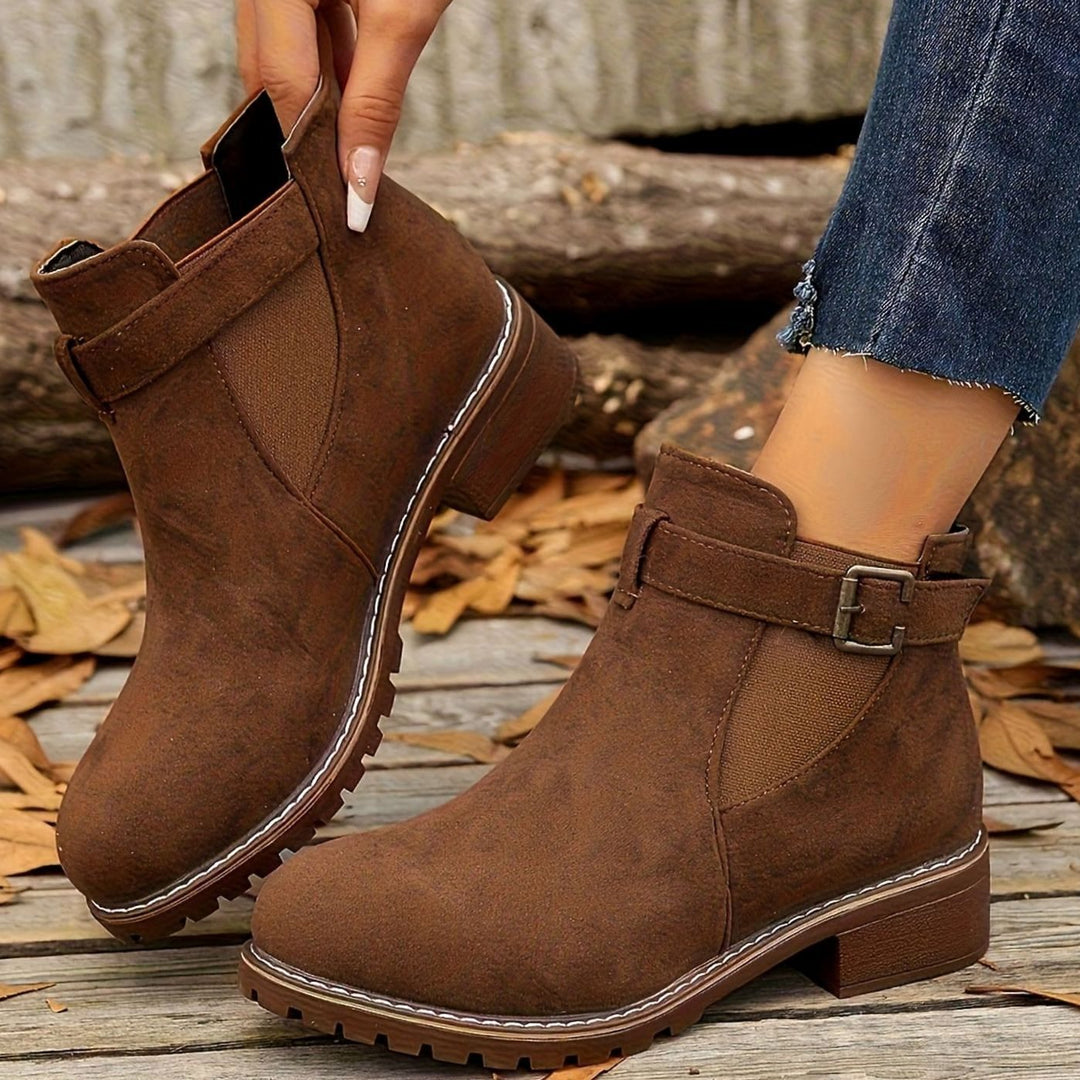 Women's Suede-Effect Chelsea Ankle Boots Block Heel Buckle Strap