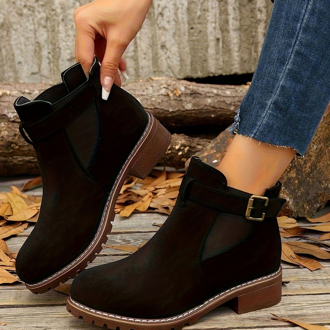 Women's Suede-Effect Chelsea Ankle Boots Block Heel Buckle Strap - Black