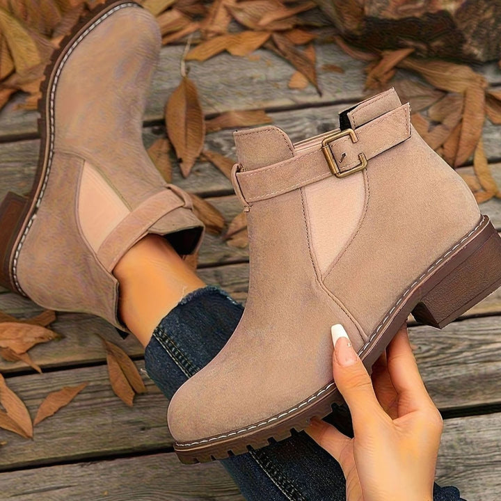 Women's Suede-Effect Chelsea Ankle Boots Block Heel Buckle Strap