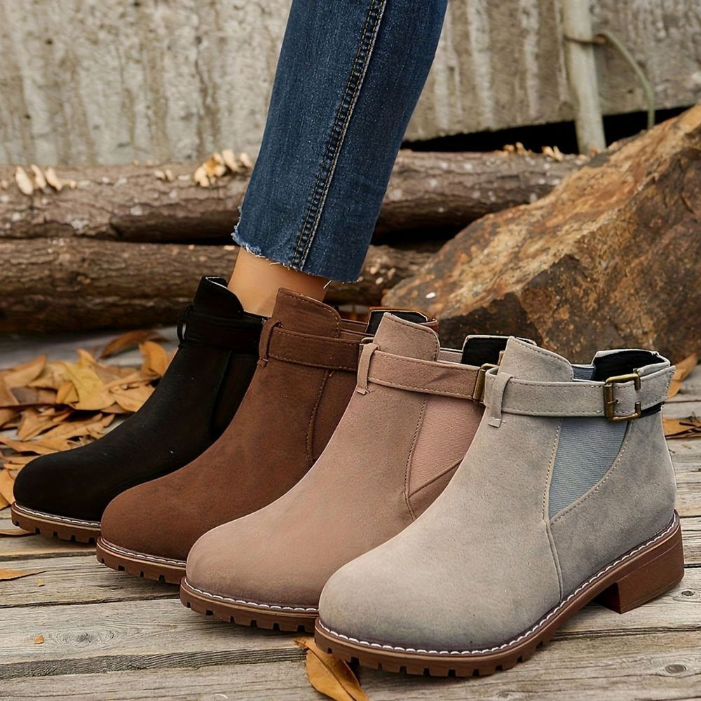 Women's Suede-Effect Chelsea Ankle Boots Block Heel Buckle Strap