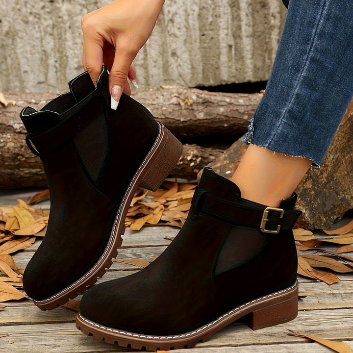 Women's Suede-Effect Chelsea Ankle Boots Block Heel Buckle Strap