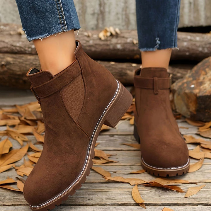 Women's Suede-Effect Chelsea Ankle Boots Block Heel Buckle Strap - Dark Brown