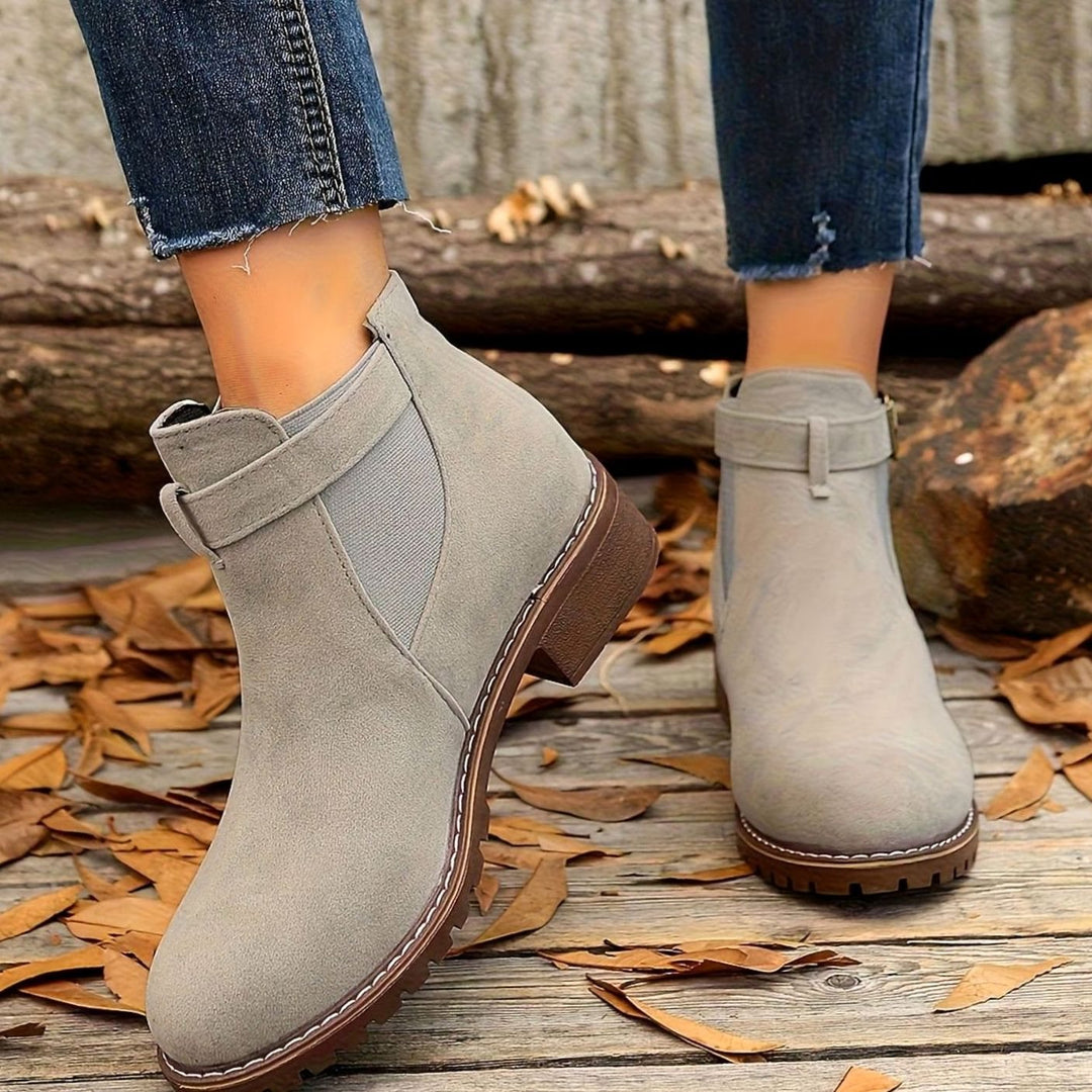 Women's Suede-Effect Chelsea Ankle Boots Block Heel Buckle Strap