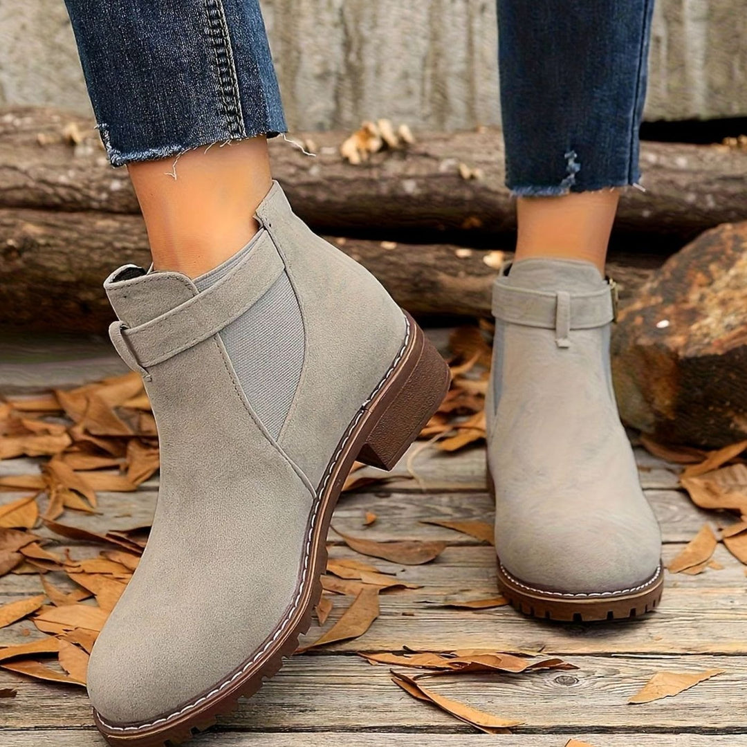 Women's Suede-Effect Chelsea Ankle Boots Block Heel Buckle Strap
