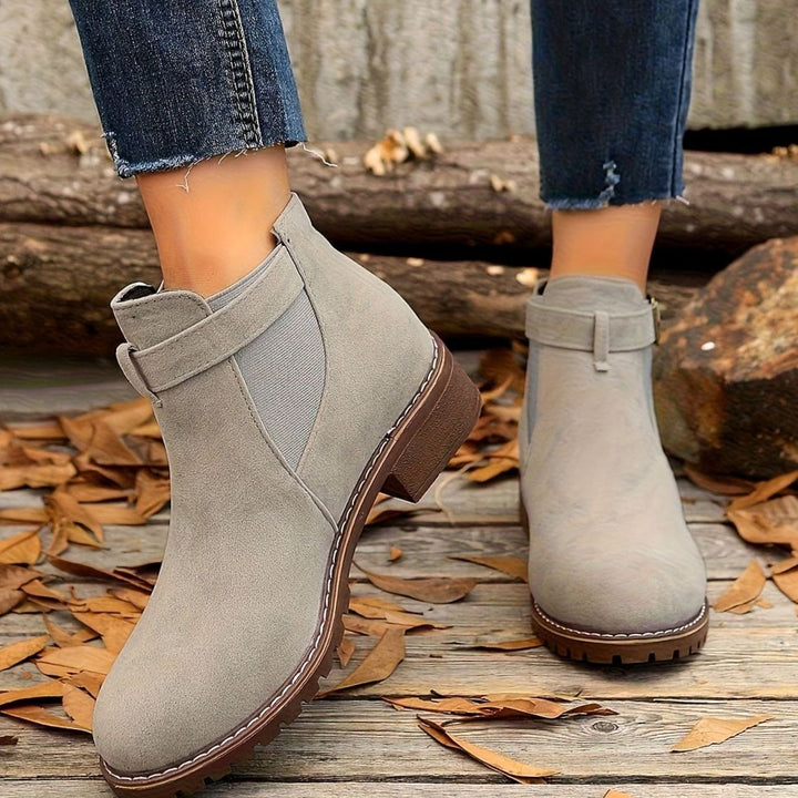 Women's Suede-Effect Chelsea Ankle Boots Block Heel Buckle Strap