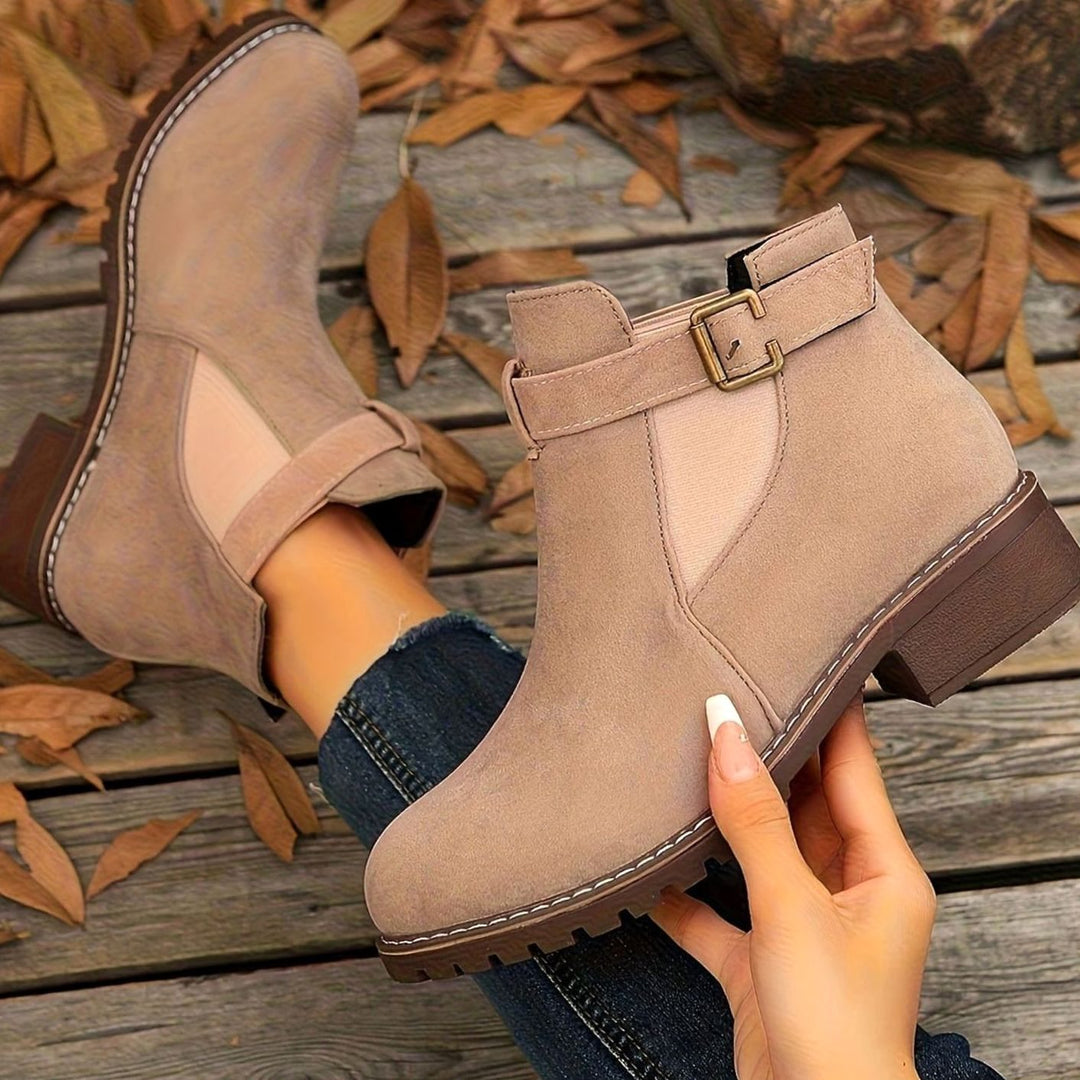 Women's Suede-Effect Chelsea Ankle Boots Block Heel Buckle Strap