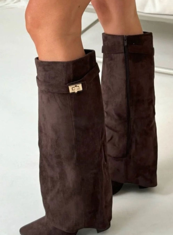 Women's Suede Fold-Over Knee-High Boots Gold Clasp - Dark Brown