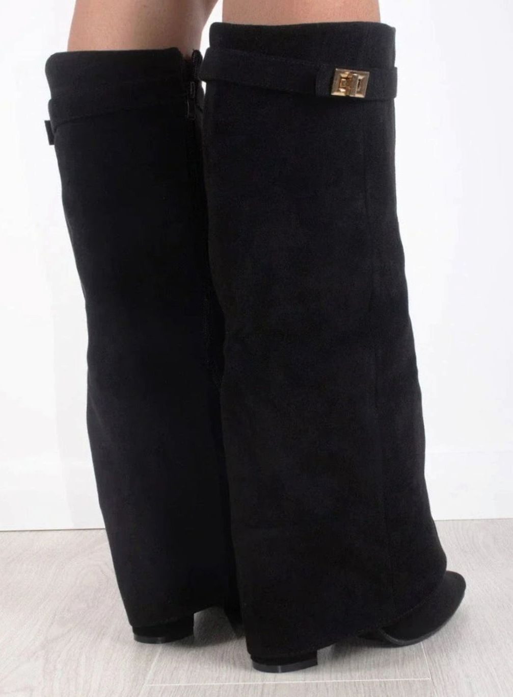 Women's Suede Fold-Over Knee-High Boots Gold Clasp