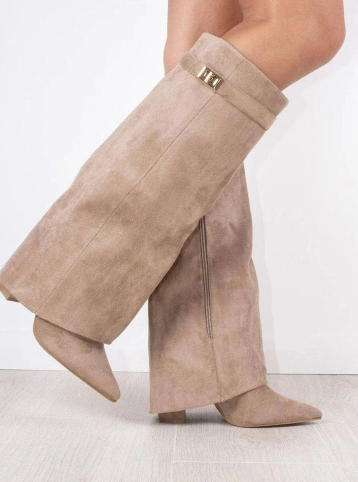Women's Suede Fold-Over Knee-High Boots Gold Clasp