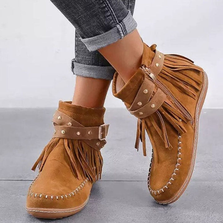 Women's Suede Fringe Flat Ankle Boots Studded Buckle Strap