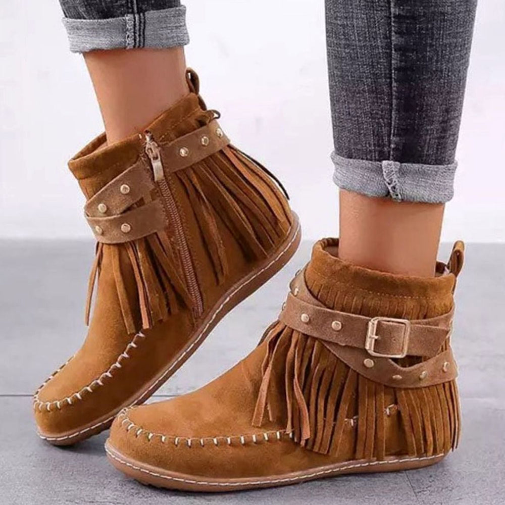 Women's Suede Fringe Flat Ankle Boots Studded Buckle Strap - Brown