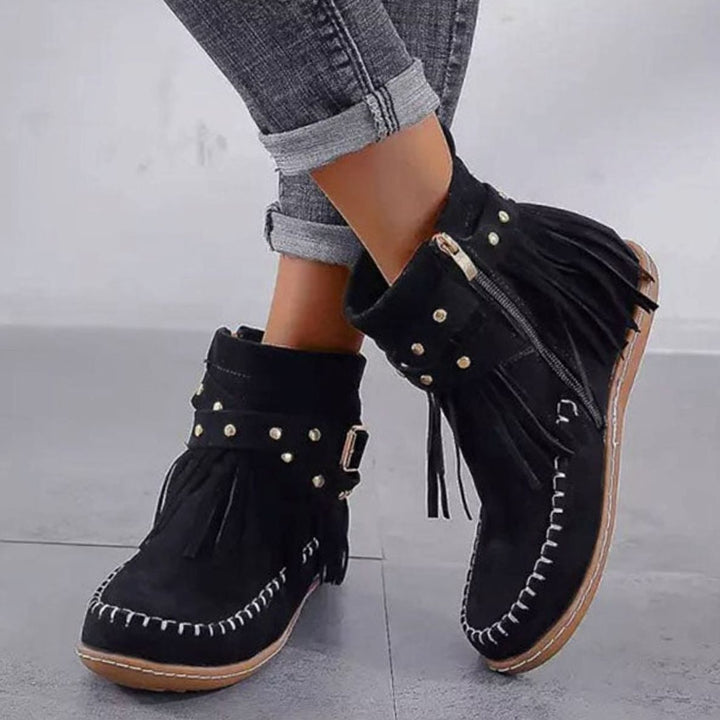 Women's Suede Fringe Flat Ankle Boots Studded Buckle Strap - Black