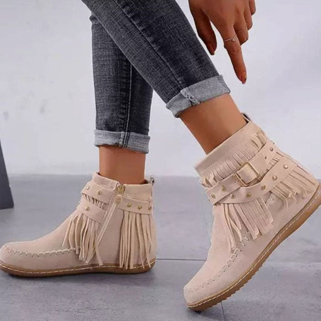 Women's Suede Fringe Flat Ankle Boots Studded Buckle Strap - Beige
