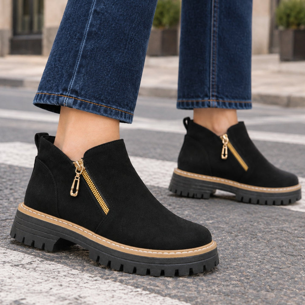 Women's Suede Gold-Zip Chunky Lugged-Sole Ankle Boots