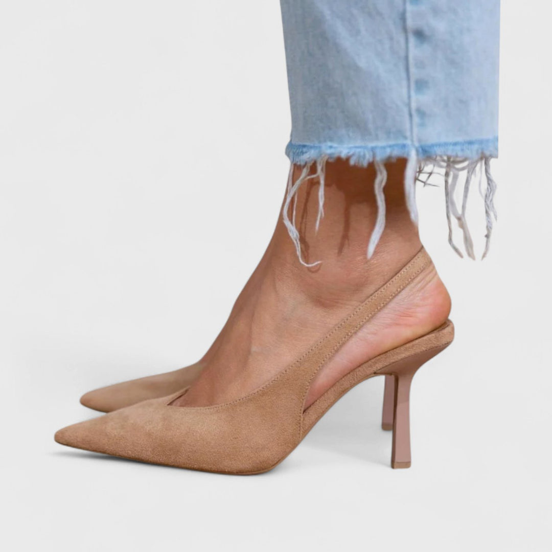 Women's Suede Pointed-Toe Slingback Kitten Heels - Beige