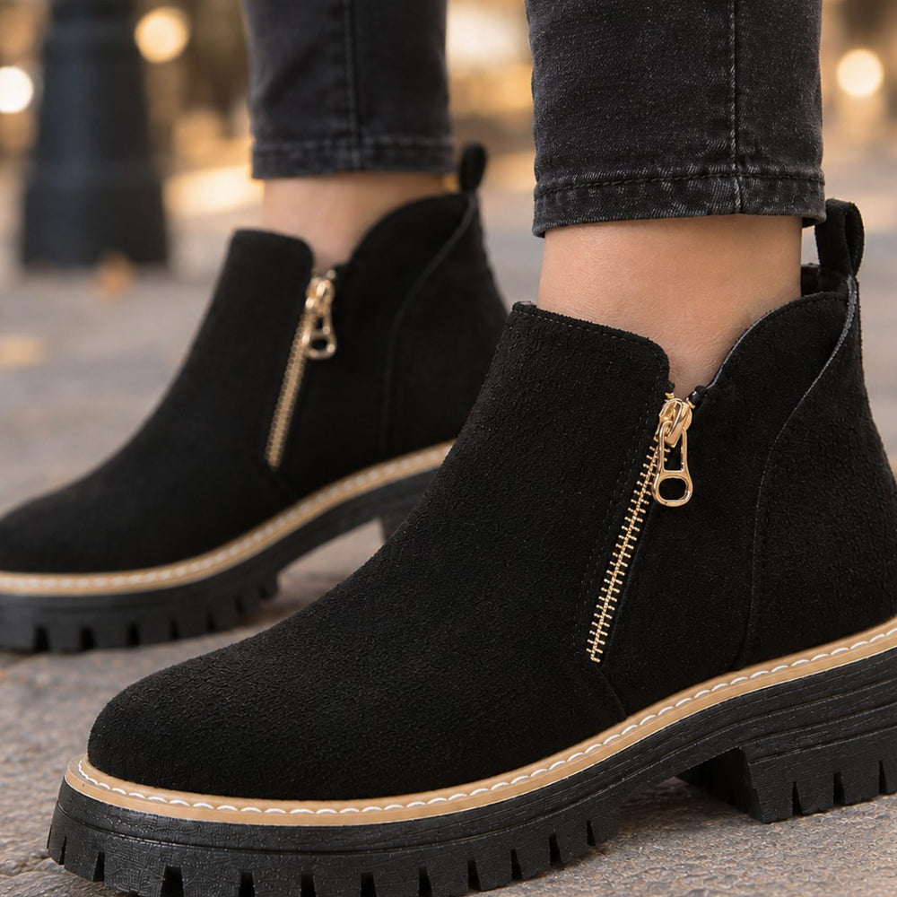 Women's Suede Side-Zip Ankle Boots Chunky Lug Sole Block Heel