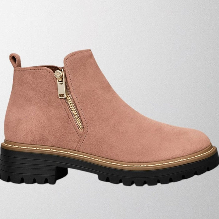 Women's Suede Side-Zip Chunky Lug-Sole Ankle Boots - Pink
