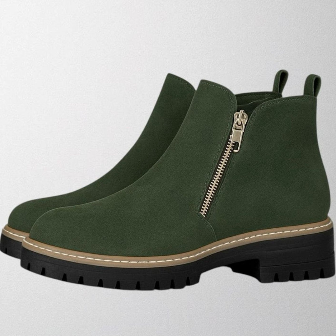 Women's Suede Side-Zip Chunky Lug-Sole Ankle Boots - Dark Green