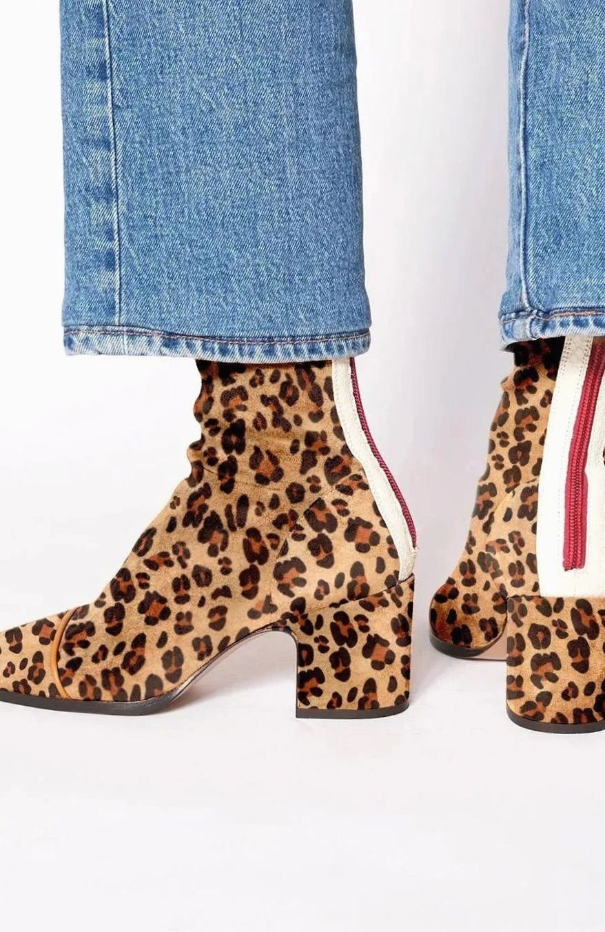Women's Suede Square-Toe Block-Heel Ankle Boots - Leopard Print